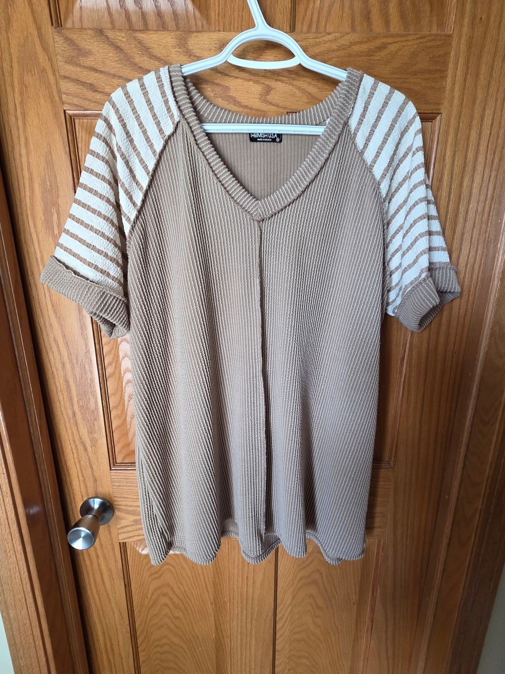 Heimish USA Tan Ribbed V-Neck Top with Cream Striped Sleeves